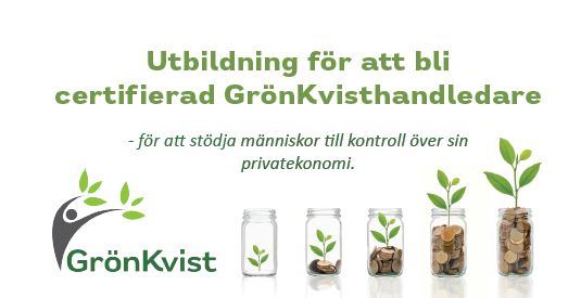 GronKvist logo tillsammans med fem burkar innehållande mynt och en planta. Ju fler mynt desto större planta.