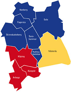 Karta över det tre samordningsförbunden i Västmanland.